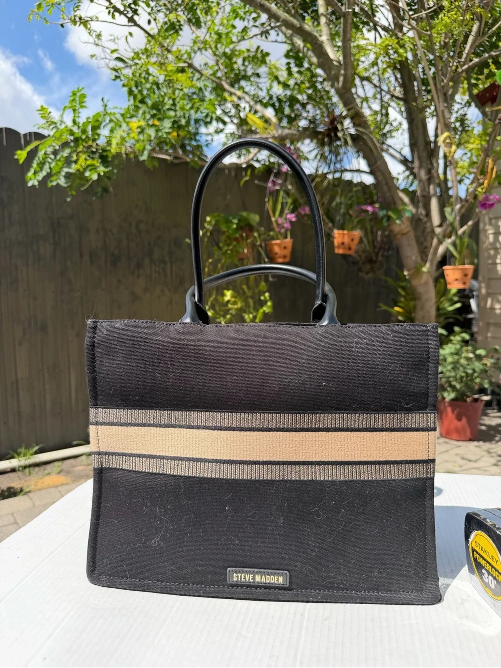 St Barts black canvas tote bag beige stripe resort beach handbag